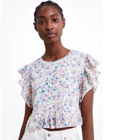 Zara Sequin Pastel Floral Ruffle Crop Top Blouse - Picture 4 of 12